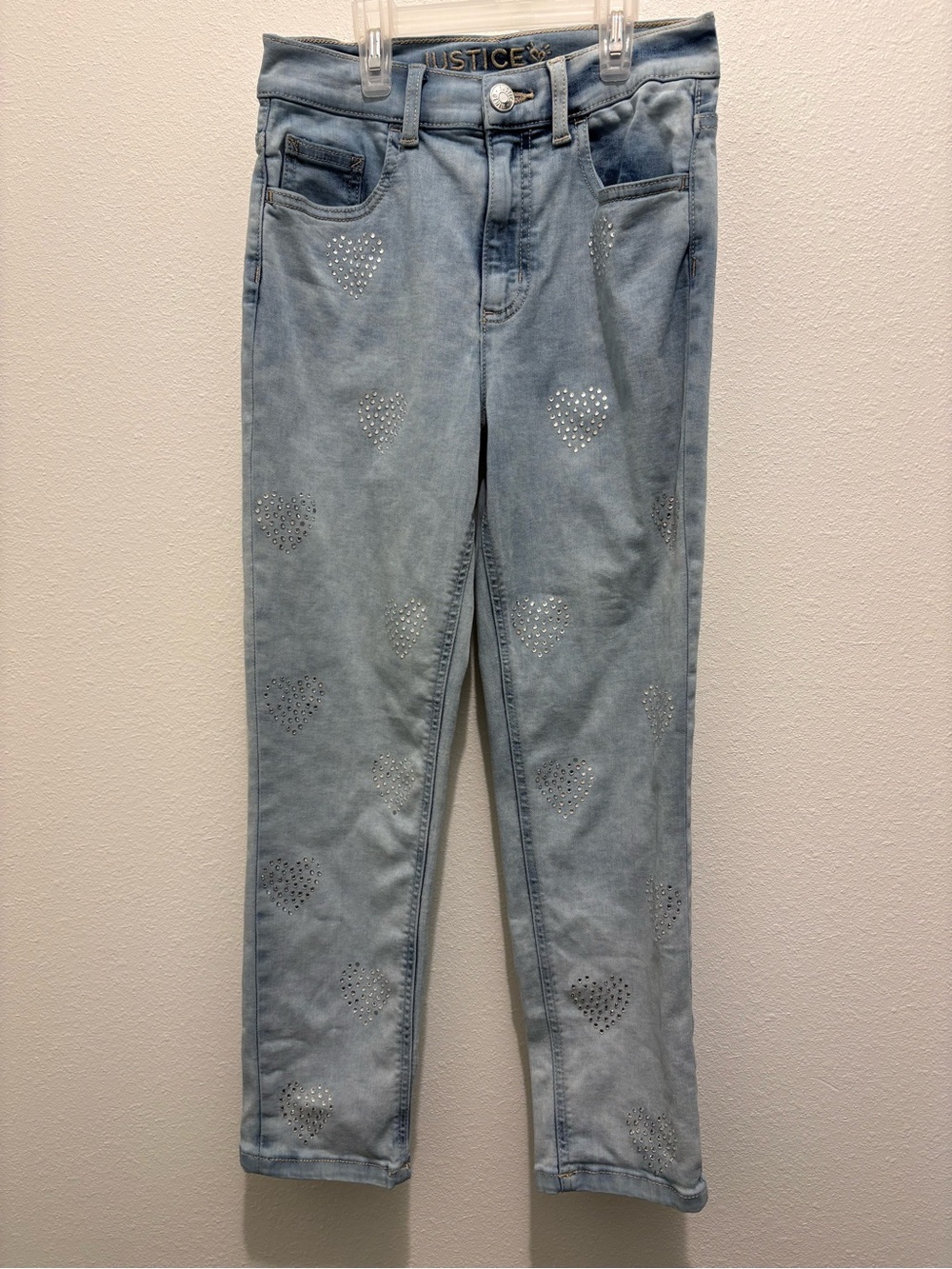 Justice Light Wash Skinny Jeans with Rhinestone Hearts